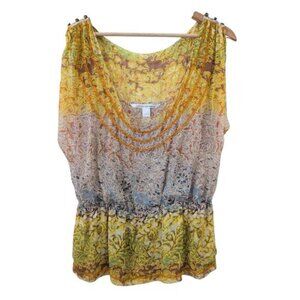 Diane von Furstenberg Silk Beaded Blouse Yellow Multi Top Womens 10 Boho Dreamy